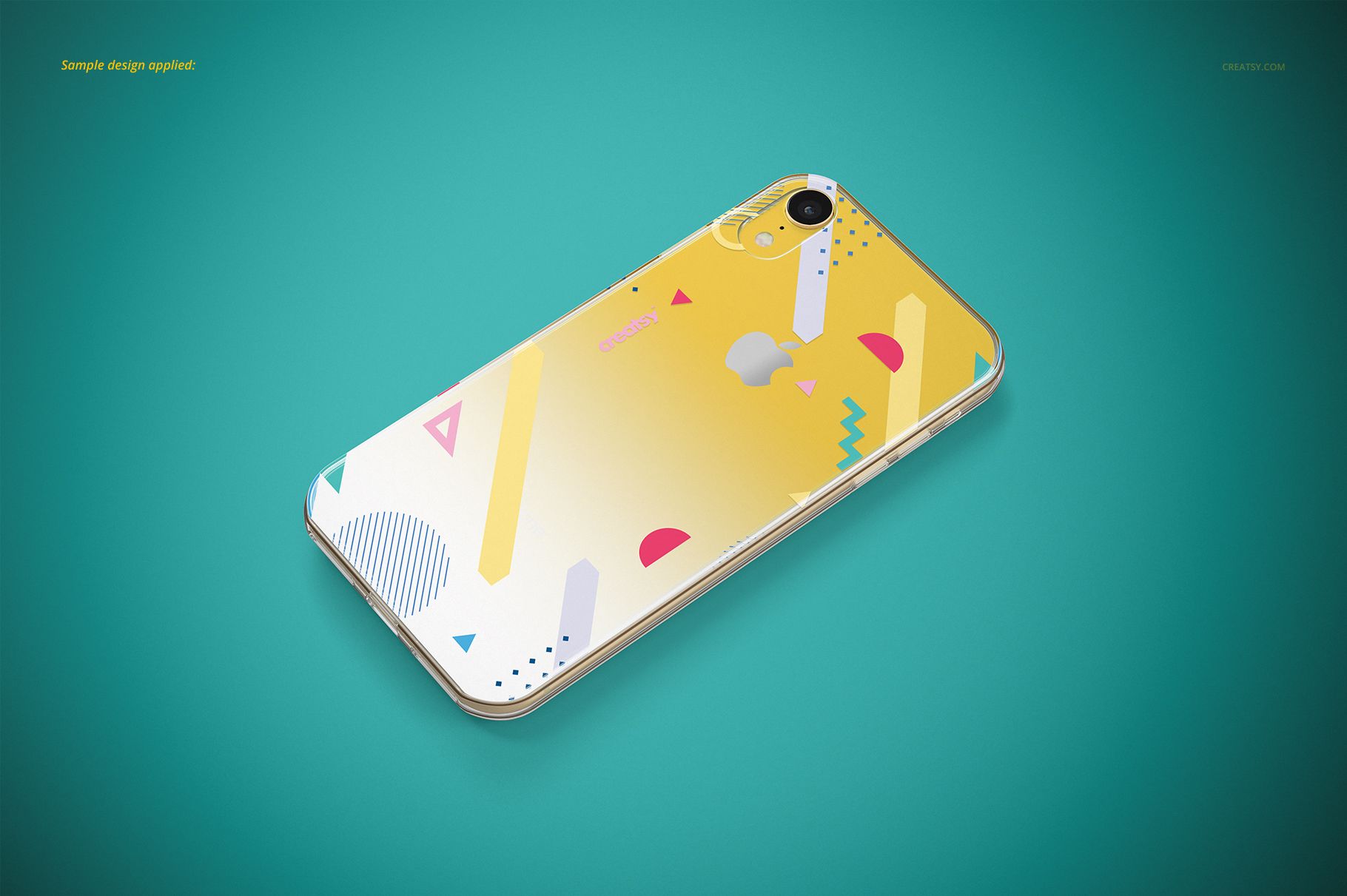 PSD mockup of an iPhone XR with a transparent case featuring abstract shapes, displayed at an angle on teal.