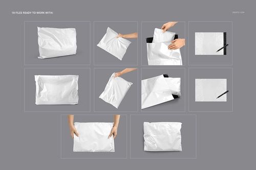 PSD mockup set with different perspectives of plain white mailing bags, some held by hands, arranged on a gray surface.