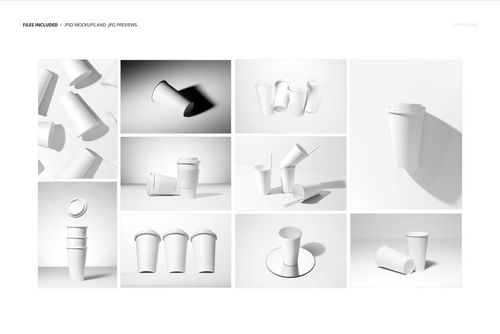 Set of white paper cups displayed in various arrangements and angles on a plain white background, drinkware mockup.