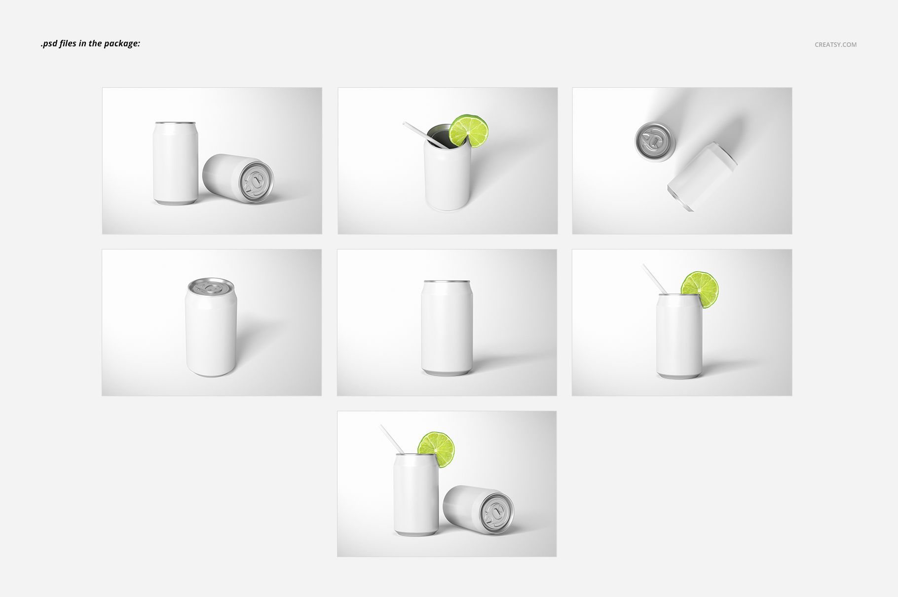 PSD mockup featuring blank drink cans arranged in several positions, some garnished with lime slices and straws on a neutral surface.