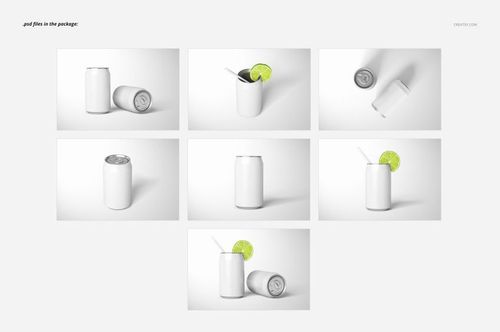 PSD mockup featuring blank drink cans arranged in several positions, some garnished with lime slices and straws on a neutral surface.
