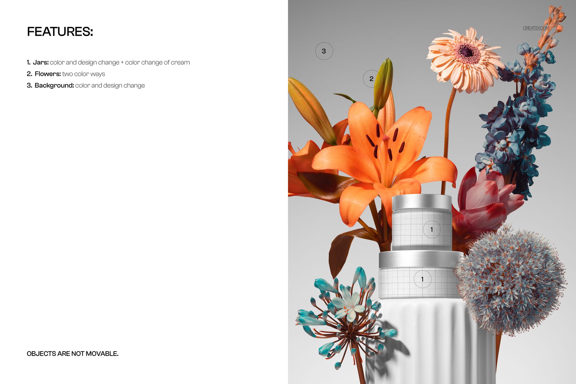 Front view of stacked cosmetic jars mockup on a white podium, surrounded by colorful flowers and neutral background.