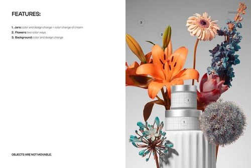 Front view of stacked cosmetic jars mockup on a white podium, surrounded by colorful flowers and neutral background.