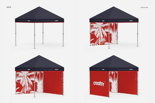 Pop-up tent PSD mockup featuring four tent variations, each with red sides, navy tops, and white tropical patterns.