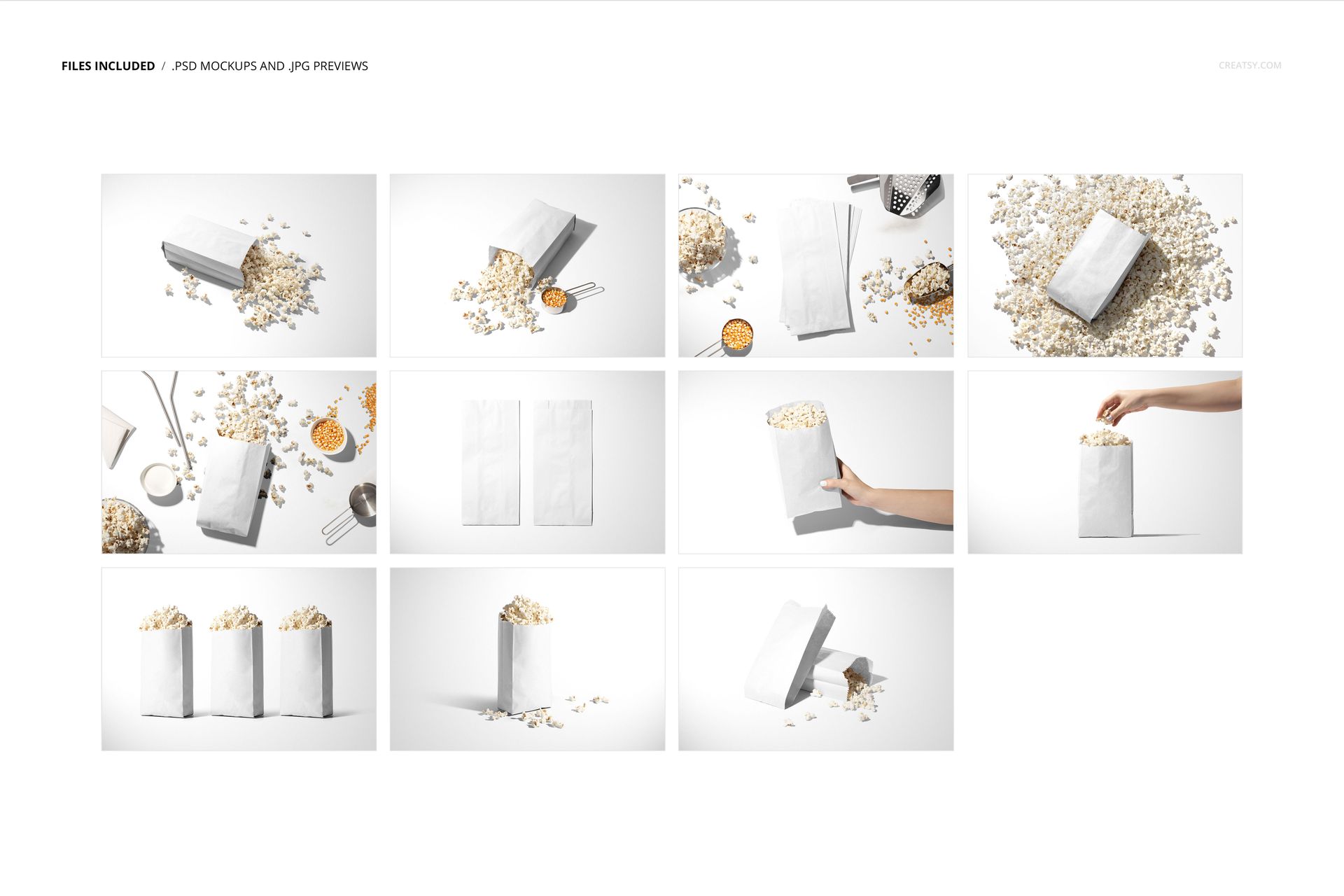 PSD mockup of popcorn paper bags in multiple arrangements, featuring popcorn, scoops, and minimalist white backgrounds.