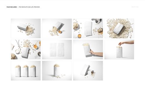 PSD mockup of popcorn paper bags in multiple arrangements, featuring popcorn, scoops, and minimalist white backgrounds.