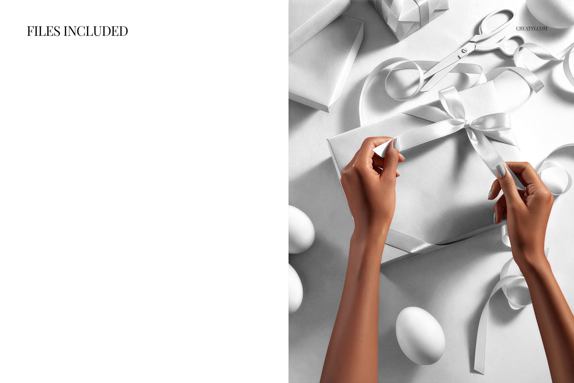 PSD mockup showing hands preparing a white Easter present with ribbon, surrounded by eggs and gift boxes.