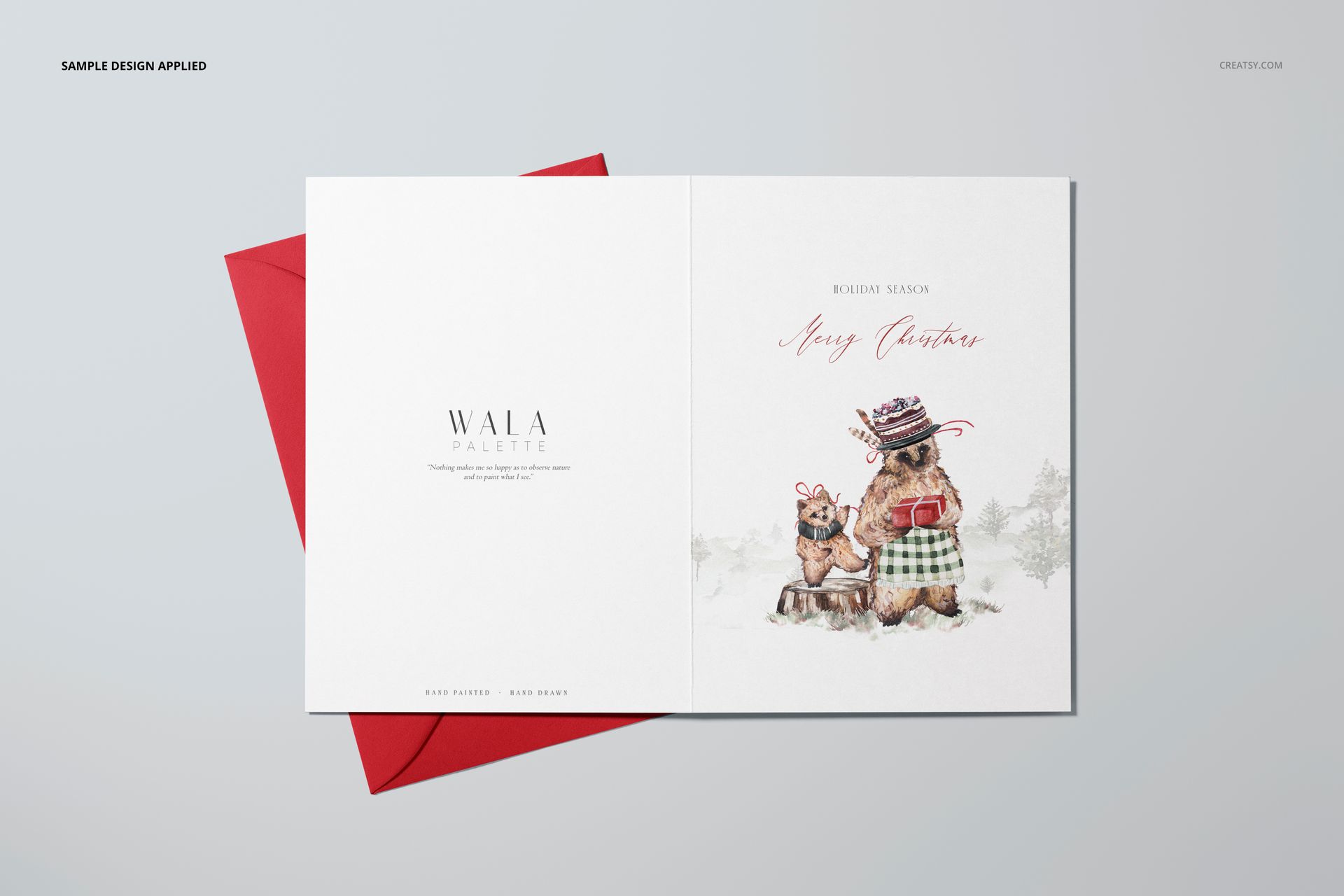 Open 5x7 greeting card mockup with festive illustration and text, displayed on a light background with red envelope.