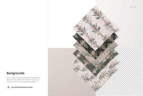 Layered fabric swatches mockup featuring various floral designs, displayed in a vertical arrangement on soft tones.