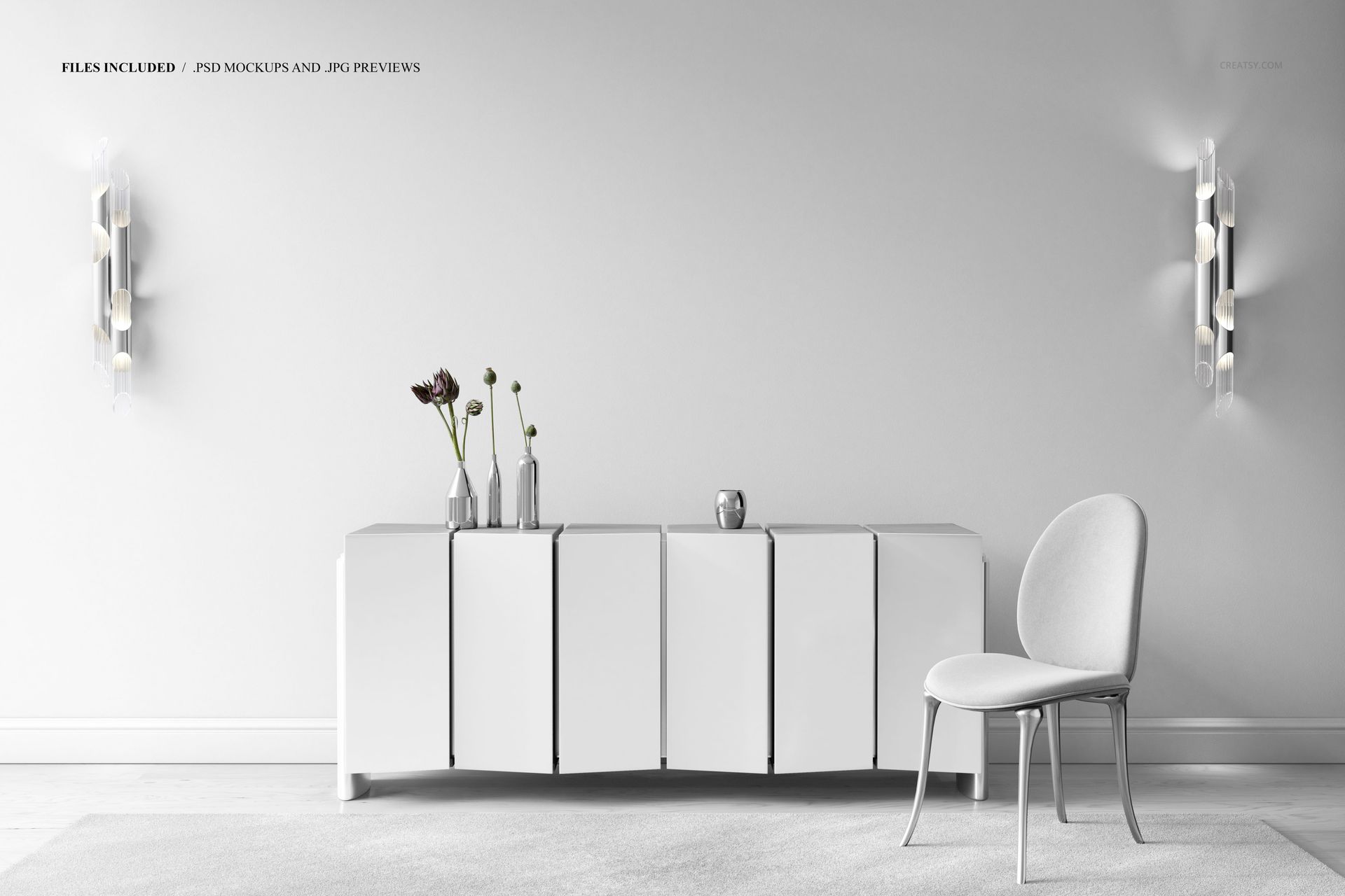 Front view of a luxury sideboard and chair in a minimalistic room, with canvas print mockup on a plain white wall.