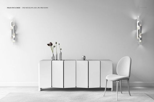 Front view of a luxury sideboard and chair in a minimalistic room, with canvas print mockup on a plain white wall.
