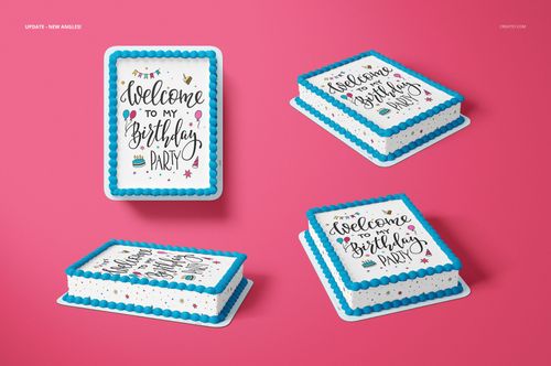 Edible cake topper mockup featuring a rectangular cake with blue trim and festive birthday graphics, displayed in multiple perspectives.