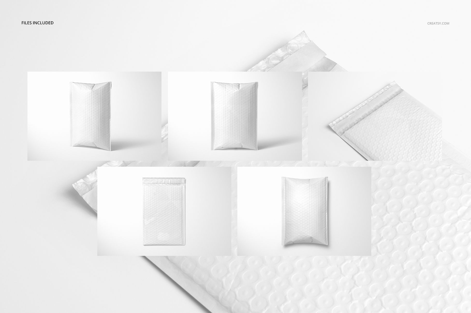 Bubble mailer packaging mockup set featuring multiple padded envelopes in white, shown from various angles on a light background.