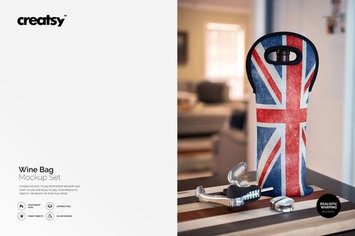 Wine bag mockup featuring a British flag design, standing on a table with a corkscrew and stopper in the foreground.
