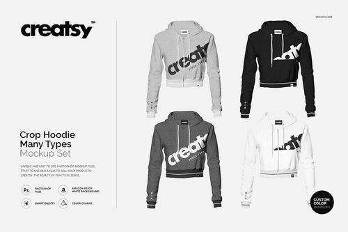 Front view of four crop hoodie mockups in various gray and white tones, featuring zipper and pocket style variations.
