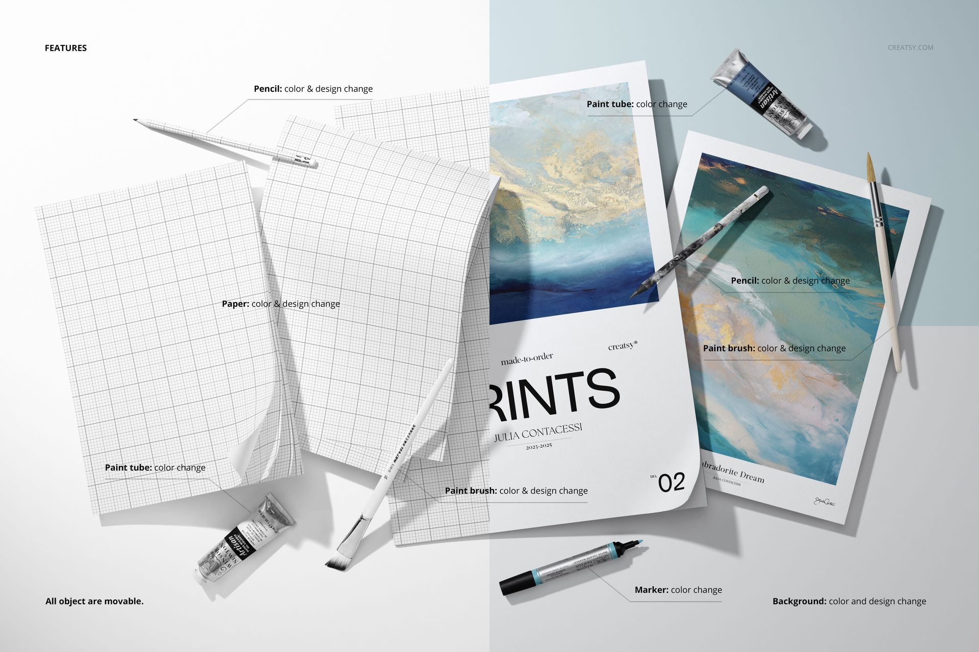 PSD mockup showing paper pads, paint tubes, a brush, and marker placed on a light and dark split backdrop.