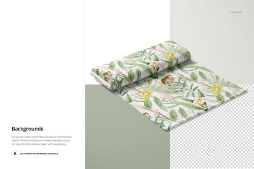Fabric bolt mockup featuring a folded bolt with a tropical leaf and flower pattern, shown on a split background.