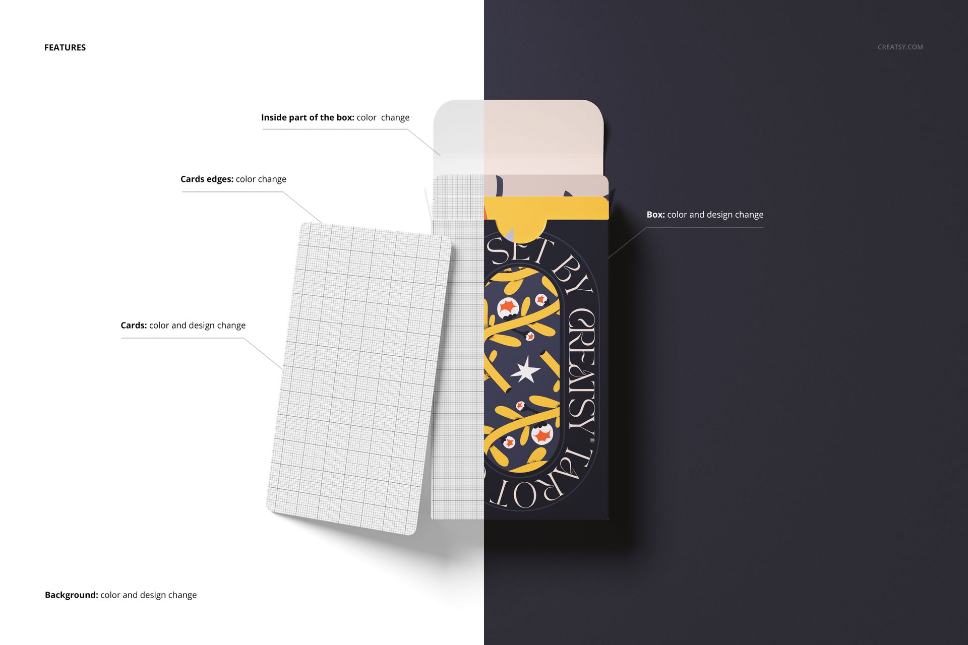 Mockup of tarot cards with grid and illustrated designs, shown in a box on a contrasting split background.