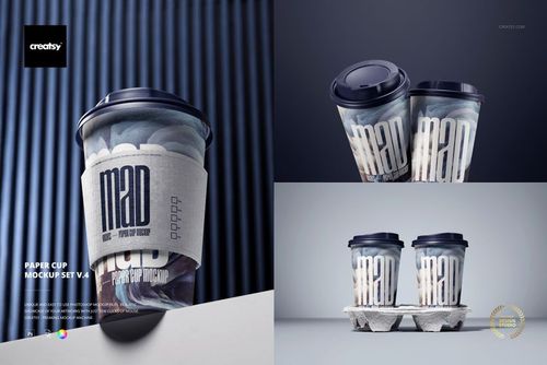 Paper cup mockup set featuring single and double cups with dark lids, abstract patterns, and neutral holders.