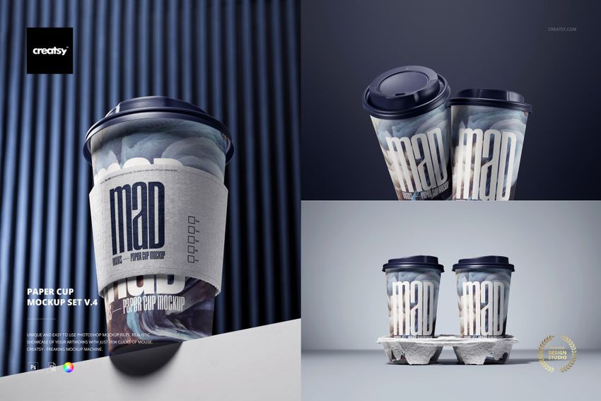 Paper cup mockup set featuring single and double cups with dark lids, abstract patterns, and neutral holders.