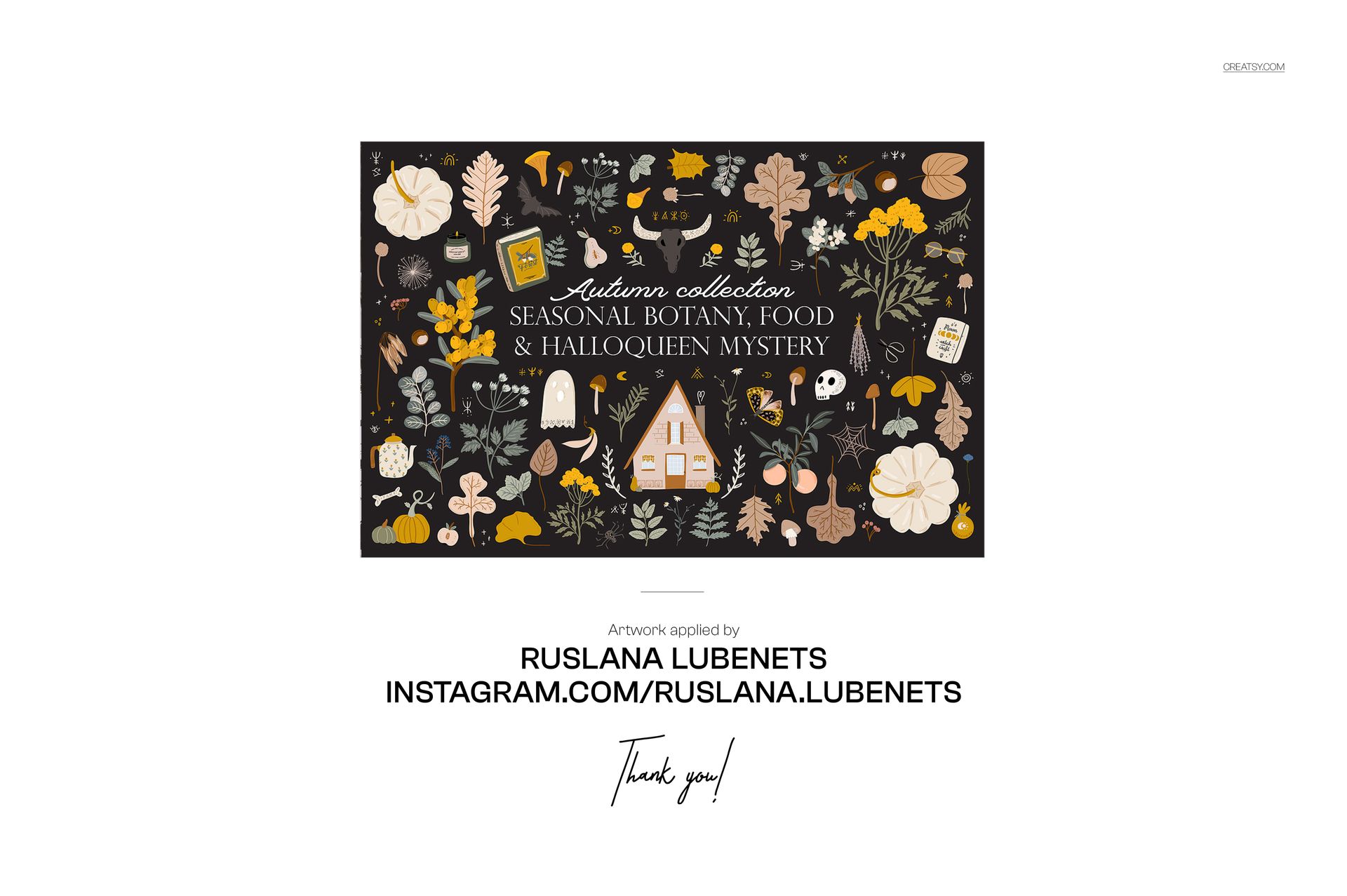 Front view of a Halloween-themed fabric mockup featuring autumn leaves, pumpkins, mushrooms, and botanical elements on a dark background.