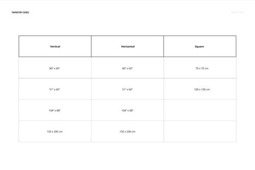 Wall tapestry size chart mockup showing vertical, horizontal, and square options in a simple grid layout.