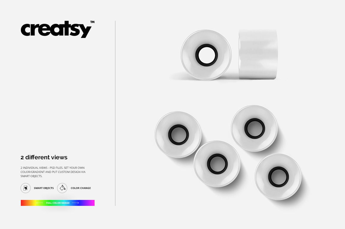 PSD mockup showing five white skateboard wheels with central black circles, isolated on a white background.