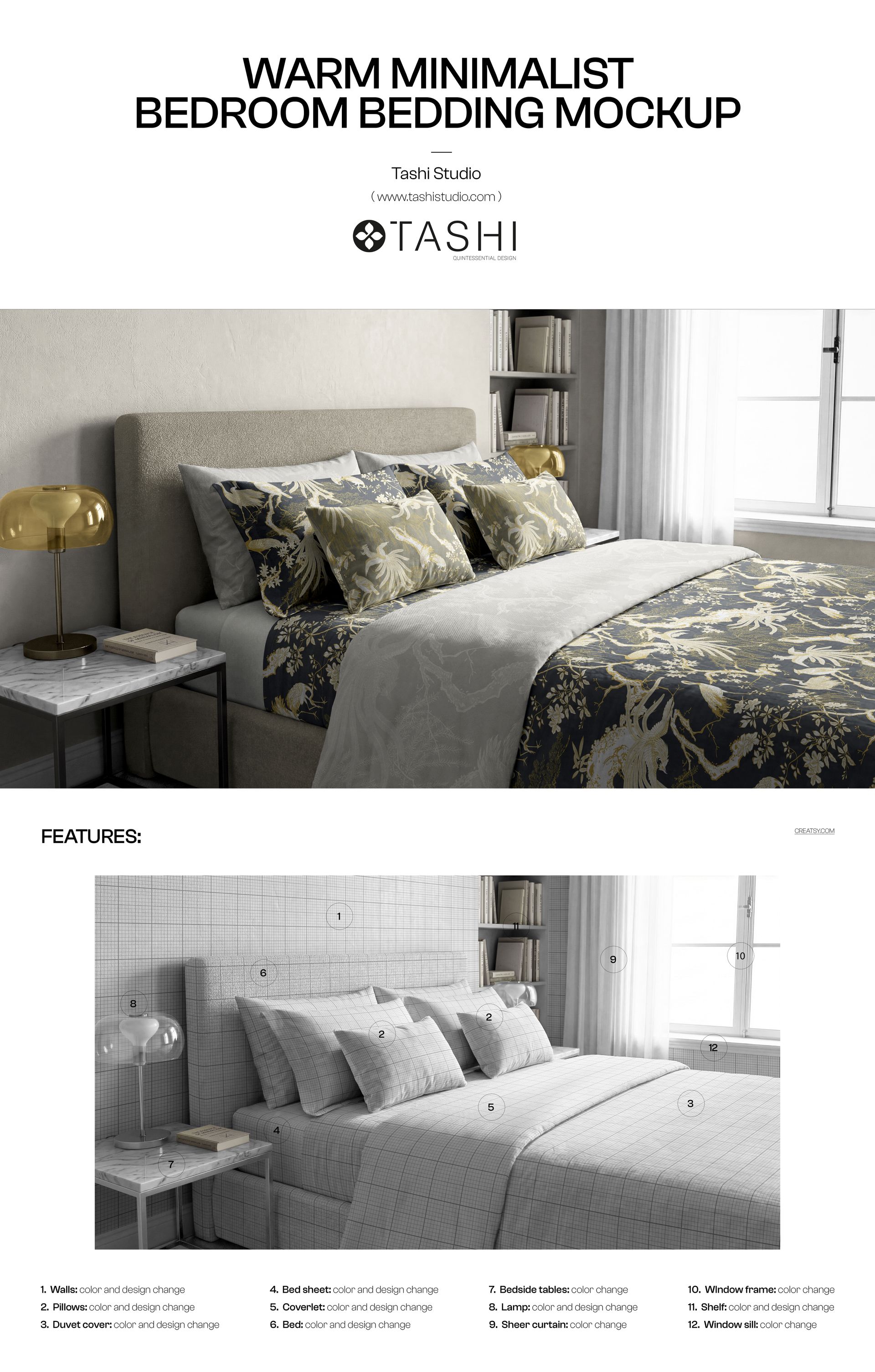 Front view of a bedroom with patterned wallpaper, upholstered bed, and decorative bedding in a PSD mockup scene.