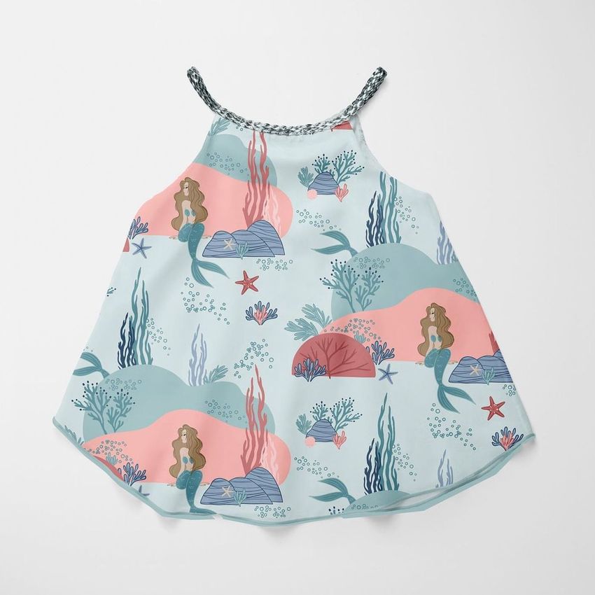 Kids summer tank top mockup featuring a pastel mermaid and seaweed pattern in blue, pink, and green on a white background.