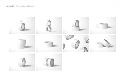 Multiple white masking tape rolls displayed in a PSD mockup set, featuring assorted positions and lighting.