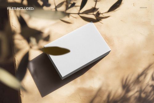 Rectangular white gift box mockup placed on a natural stone surface with soft sunlight and leafy shadows.