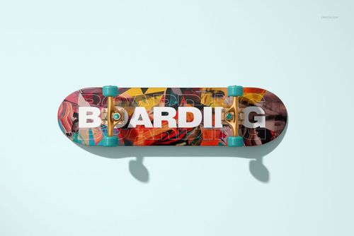 PSD mockup of a skateboard with multicolored artwork, large white letters, and turquoise wheels, shown from a top perspective.