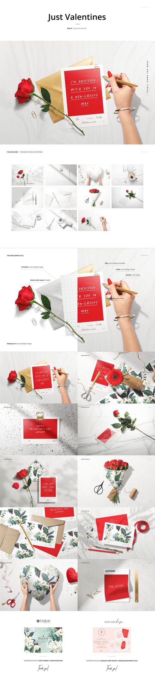 Valentine-themed mockup bundle featuring greeting cards, envelopes, red roses, and stationery on a white surface.