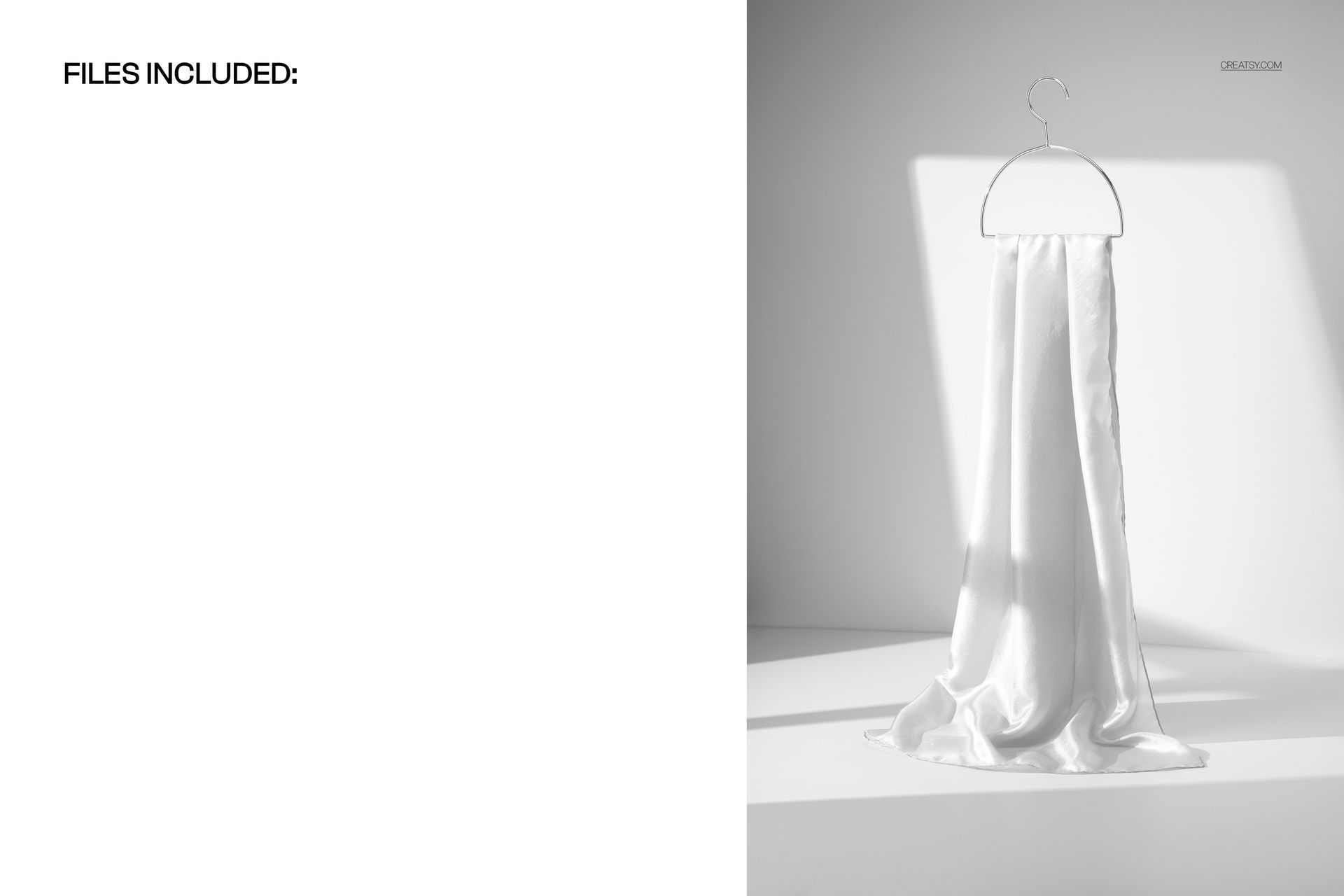 Sunlit silk scarf mockup hanging on a metal hanger, smooth fabric cascading onto a white surface in a bright room.