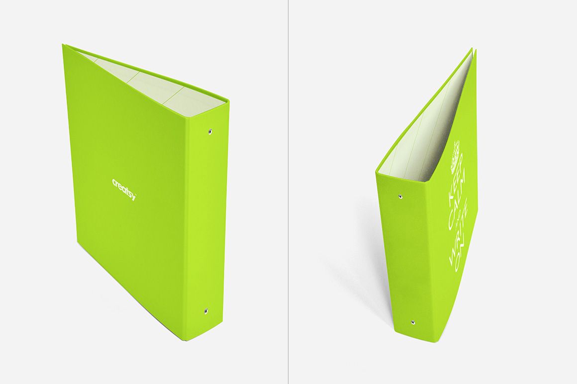 Binder mockup featuring a bright green cover, presented in both front and angled perspectives on a plain backdrop.