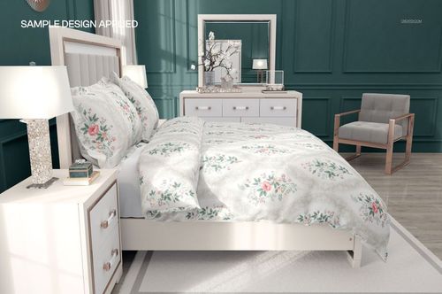Luxury bedroom bedding with flanged pillows featuring a floral pattern, shown in a front view mockup scene.