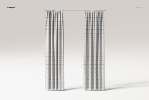 Front view of partially closed double panel curtains with a subtle grid pattern on a light neutral background.