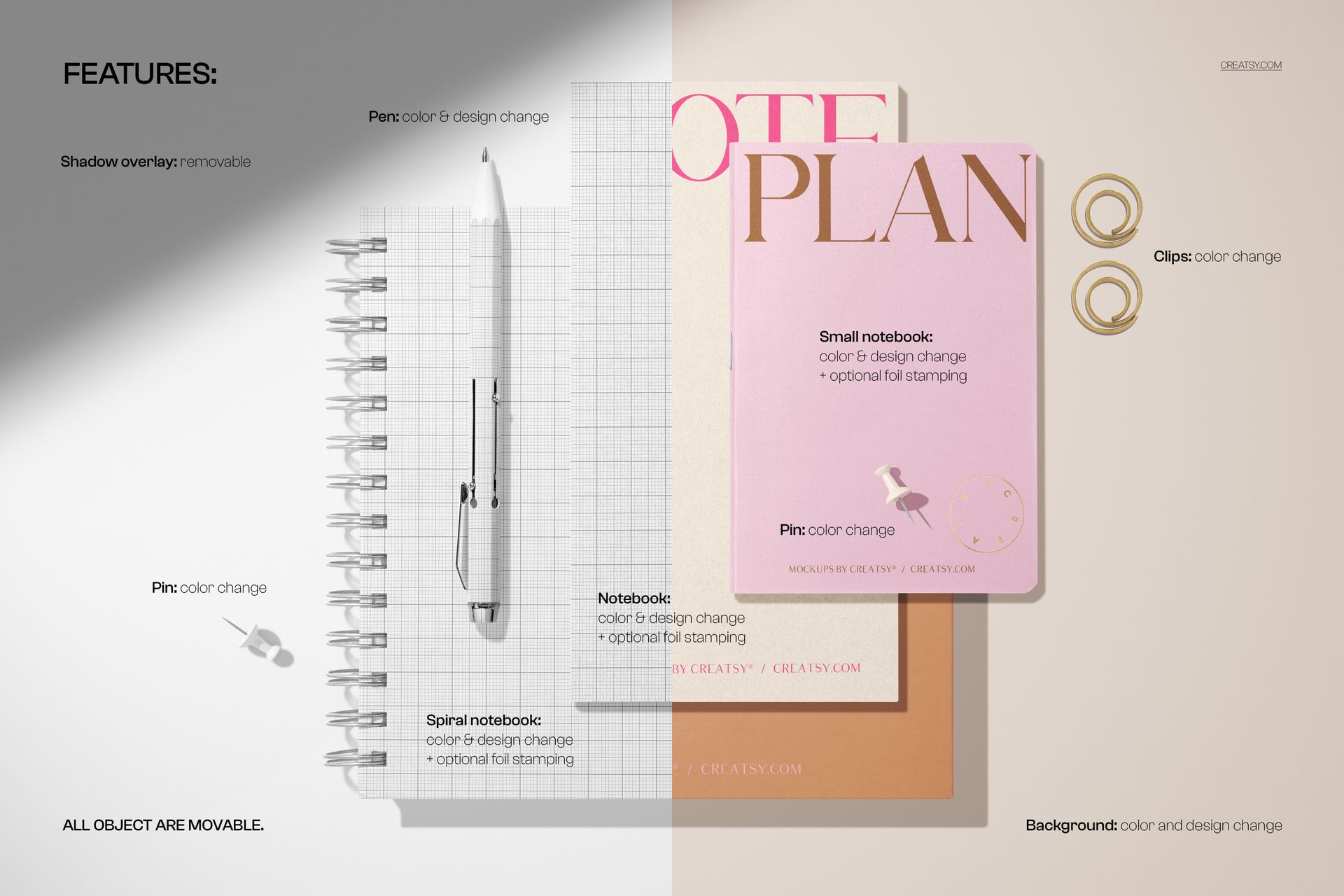 Stationery set mockup featuring a spiral notebook, pen, and two pastel notebooks with gold clips on a split background.