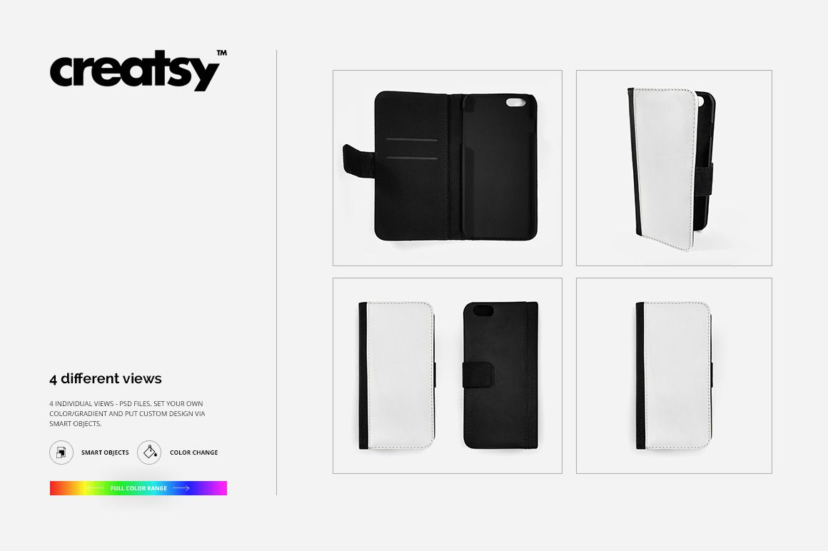 Foldable phone case mockup set showing four different views on a white background, including open and closed positions.