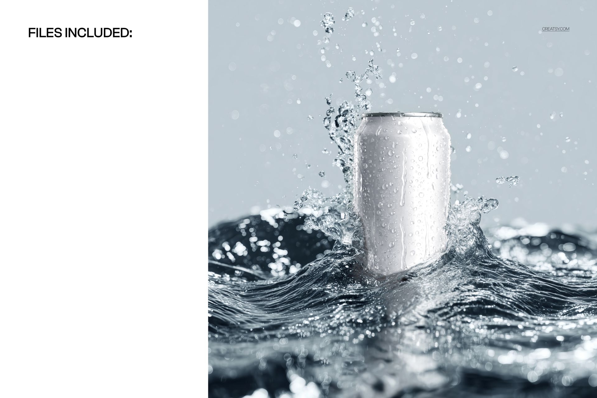 Standing can mockup with water splashing around, silver aluminum surface, front view, dynamic scene.