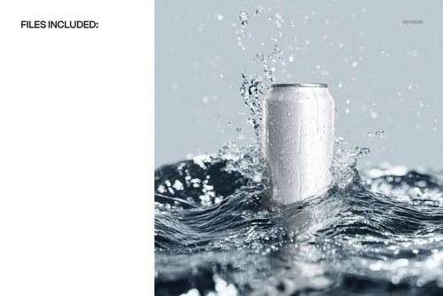 Standing can mockup with water splashing around, silver aluminum surface, front view, dynamic scene.