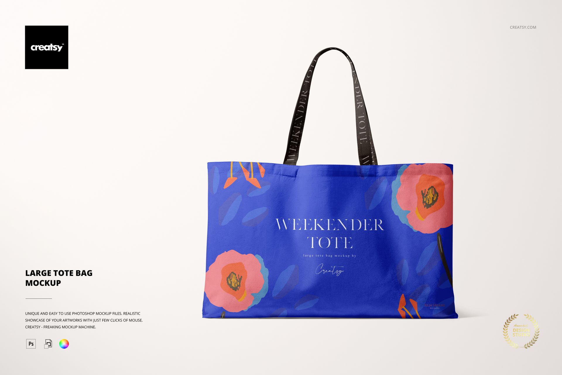 Front view of a large tote bag mockup with vibrant blue color, floral accents, and black straps against a neutral background.