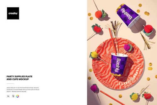 Party supplies PSD mockup featuring a patterned plate, purple cups, and festive props arranged on a light background.