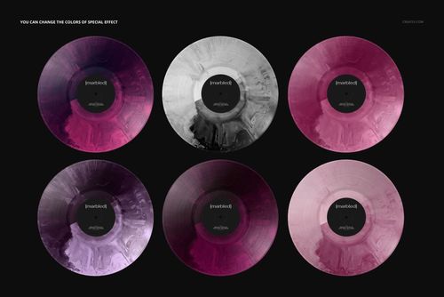 PSD mockup displaying six vinyl records with swirling marbled designs in pink, gray, and purple, seen from above.