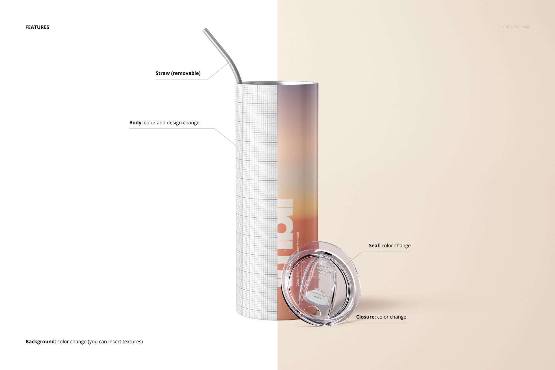 Front view of a 20oz skinny tumbler with a removable metal straw, half in grid mockup and half with a gradient design, on a split background.