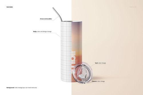 Front view of a 20oz skinny tumbler with a removable metal straw, half in grid mockup and half with a gradient design, on a split background.