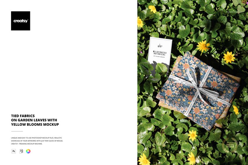 Tied Fabrics on Garden Leaves with Yellow Blooms Mockup - mockup screenshot 1