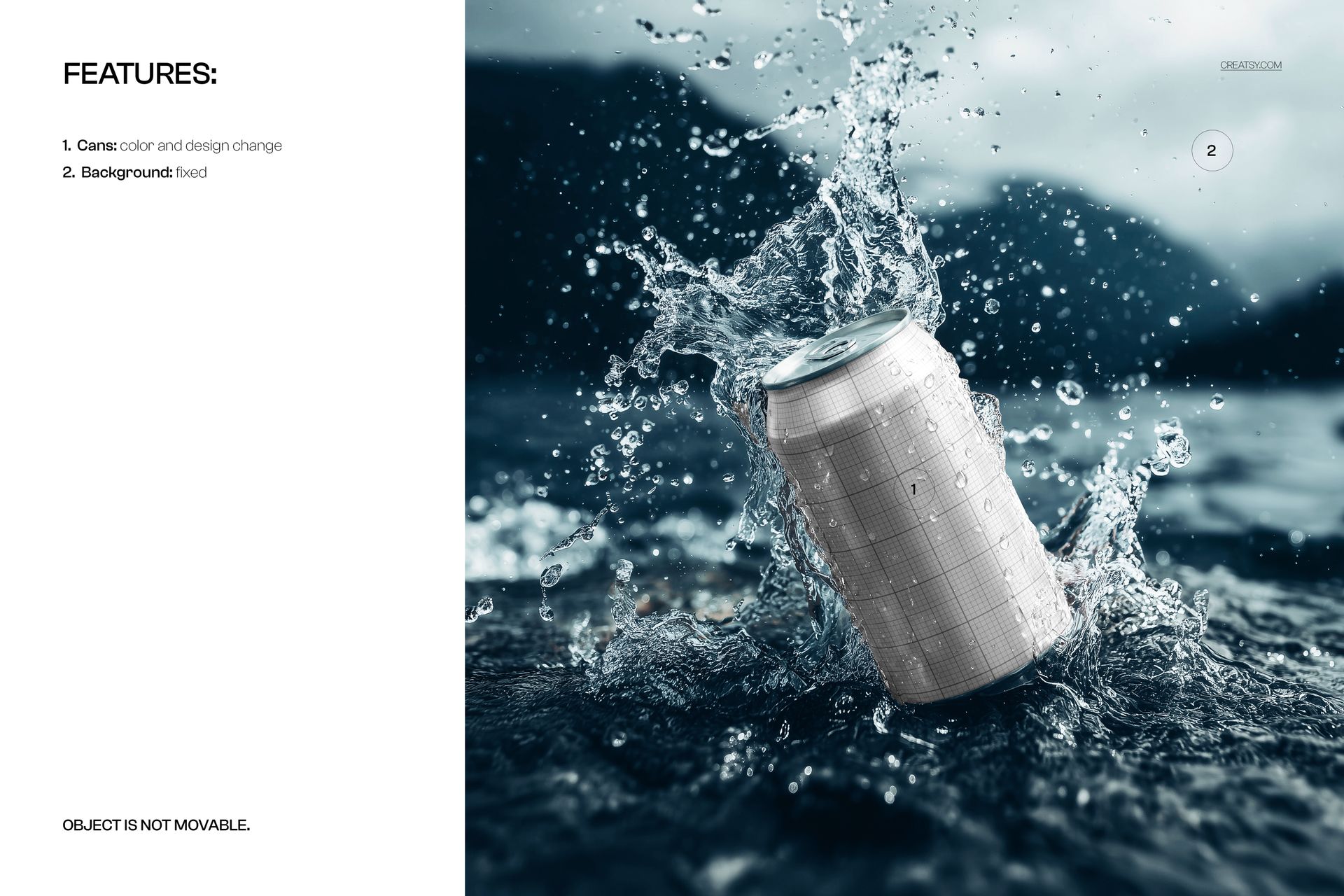 Aluminum drink can mockup with grid pattern, angled in dynamic water splash, mountain lake background.