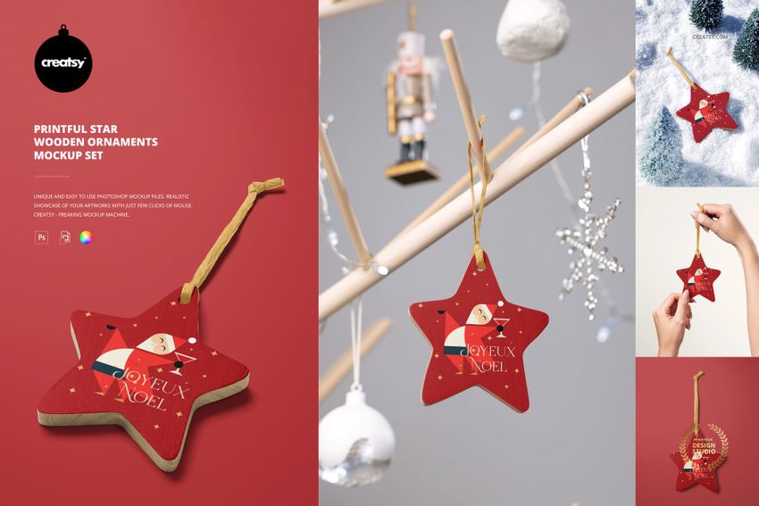 Star-shaped wooden Christmas ornament mockup with festive design, shown from various angles and backgrounds.
