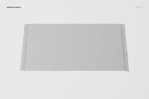 Rectangular vintage fringe rug in light gray viewed from above, featuring tassels along both shorter edges on a plain background.